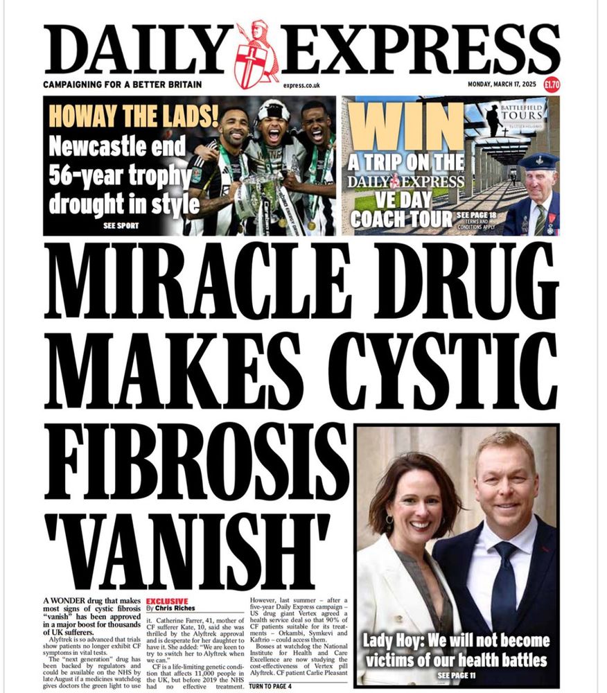 A screenshot of today's Daily Express front-page featuring the headline, 'Miracle drug makes cystic fibrosis vanish'. 