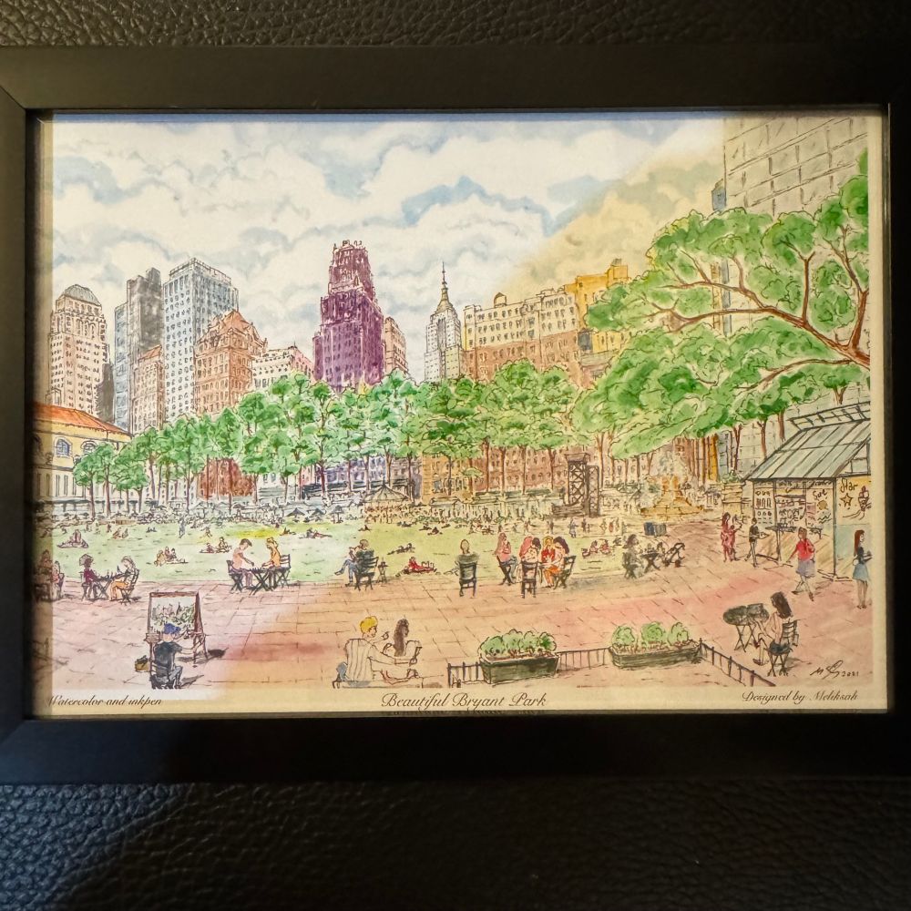 A framed watercolor and ink pen scene of spring in Bryant Park that I got in Bryant Park!