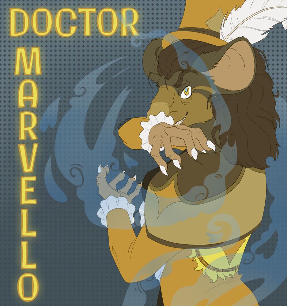 An unshaded drawing of Dr Marvello, a brown mouse. He has his back turned to the viewer but has turned his head to face them as he does a menacing gesture with his paws. He is wearing a dark yellow hat with a white feather in its brim, a dark yellow tailcoat with a sun-shaped emblem on the back, and a light brown shoulder flap. A light blue smoke with hidden heart shapes swirls around him. His name is written on the left side of the image.