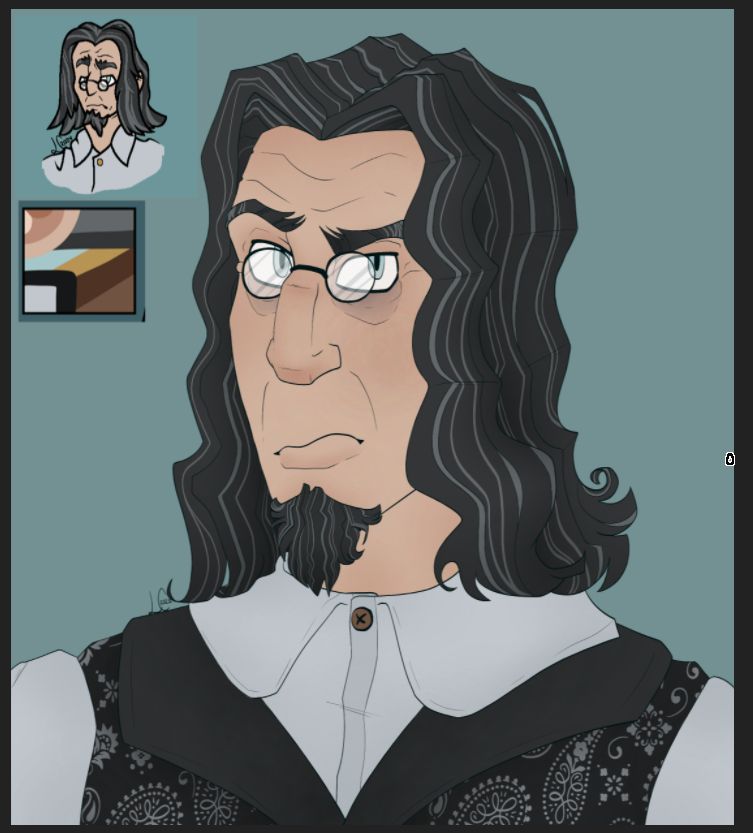 A headshot drawing of Dr Kahler. He is scowling at the viewer. In the top left corner is an older drawing of him doing the same. Just underneath the old drawing is his colour palette, screenshotted from his reference sheet.