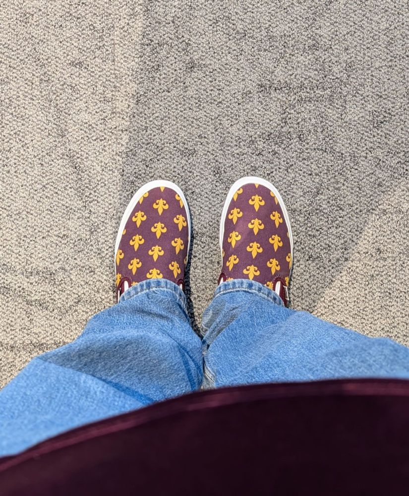 My rouge and gold fleur de lis DCFC custom Vans at work.