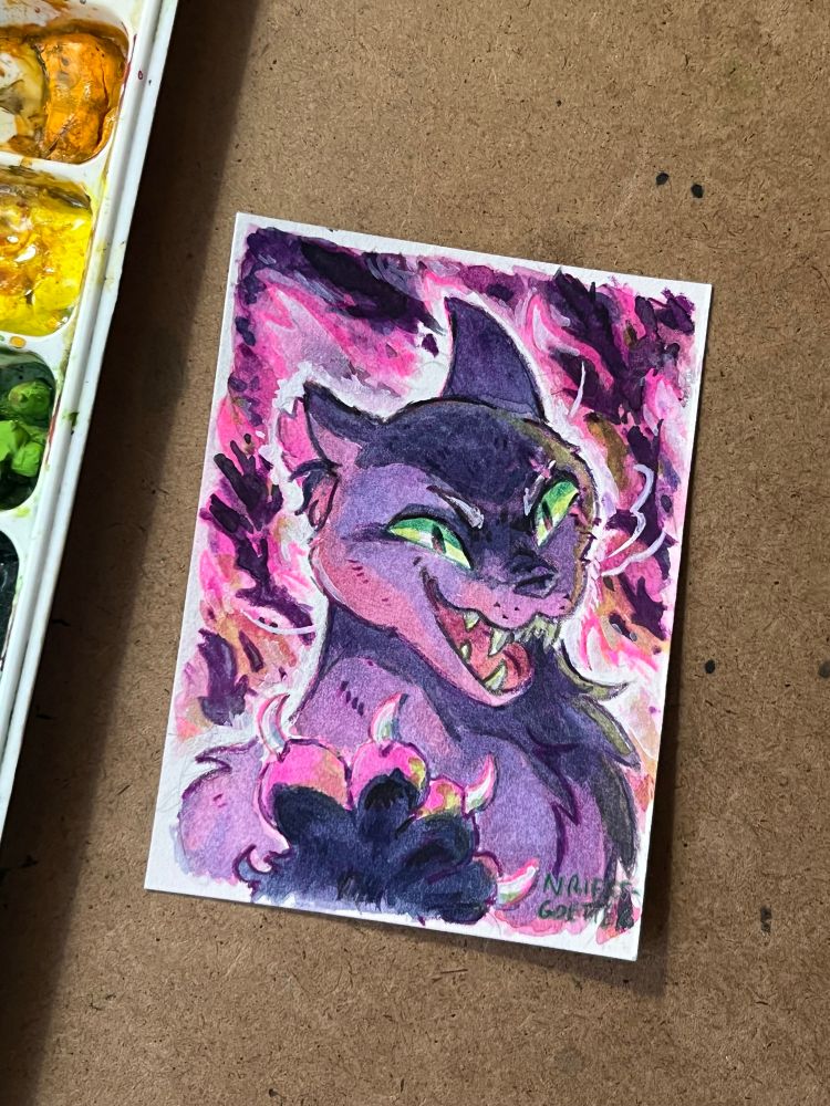 watercolor portrait of a black cat in purple flames laughing and showing off her claws