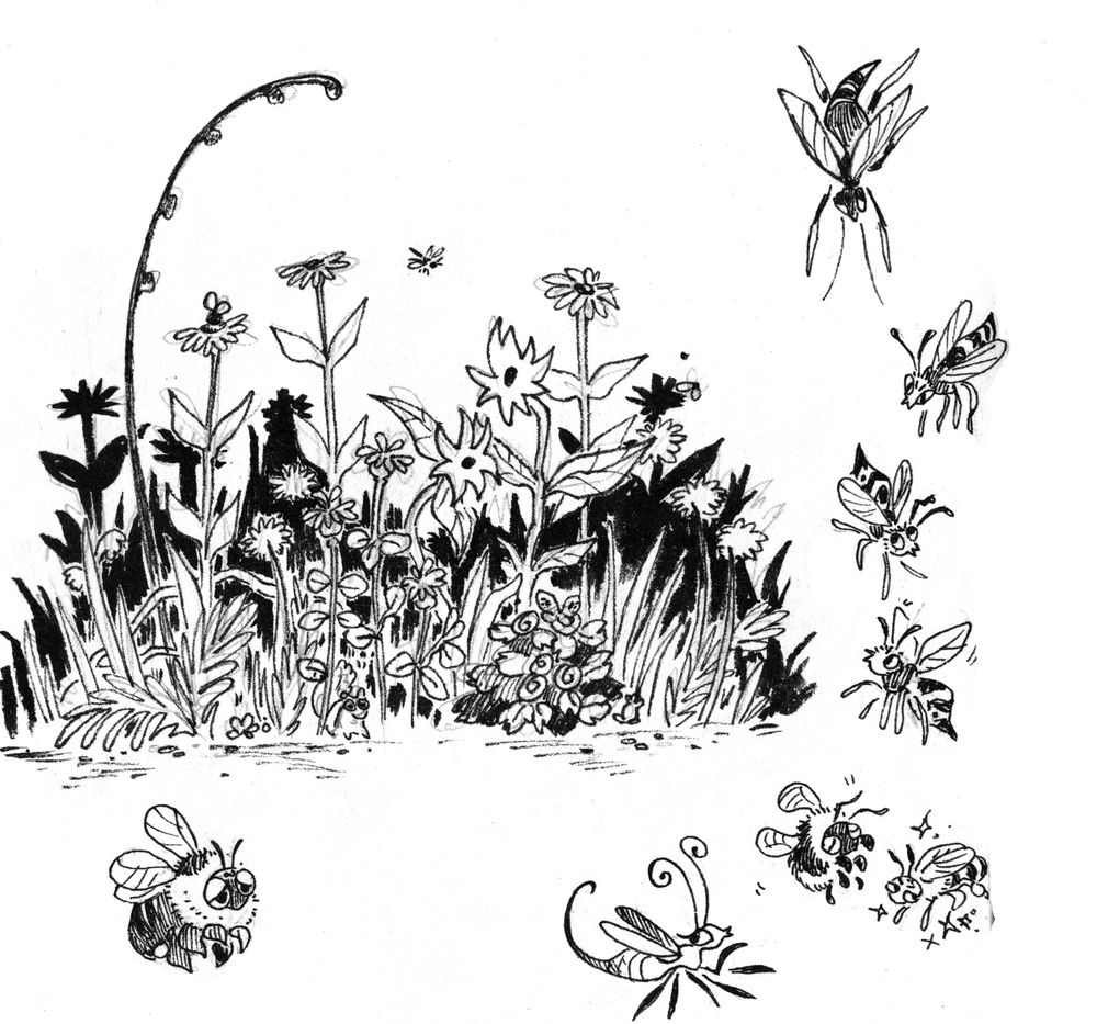 meadow flowers and some cartoon bees and wasps
