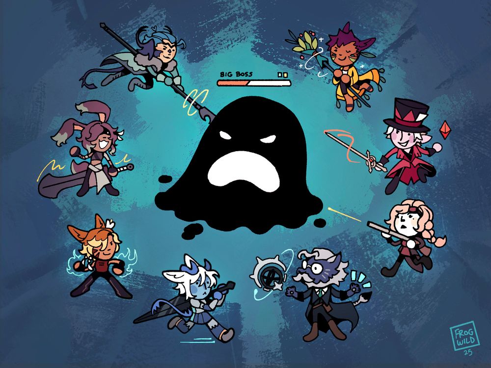 A drawing of 8 tiny characters gathered around a boss monster ooze. 