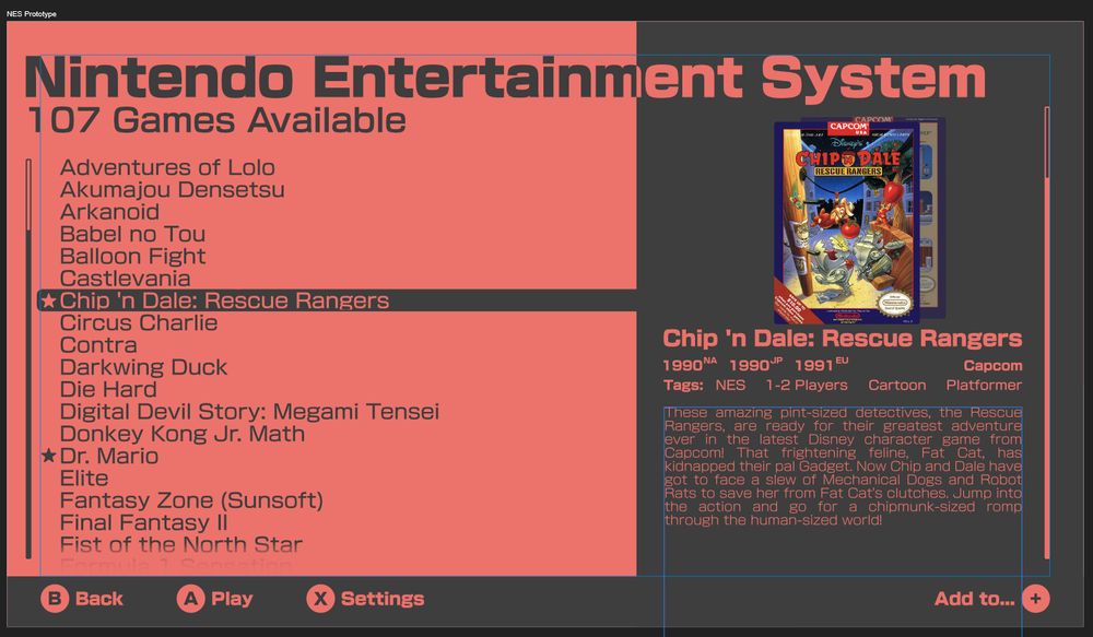 A mock up of an emulation front end, like the above post, this time the menu mentions NES titles - the right hand side menu is different in that it brings up all release dates instead of just one, and on the bottom there are button prompts for actions relating to the selected title.