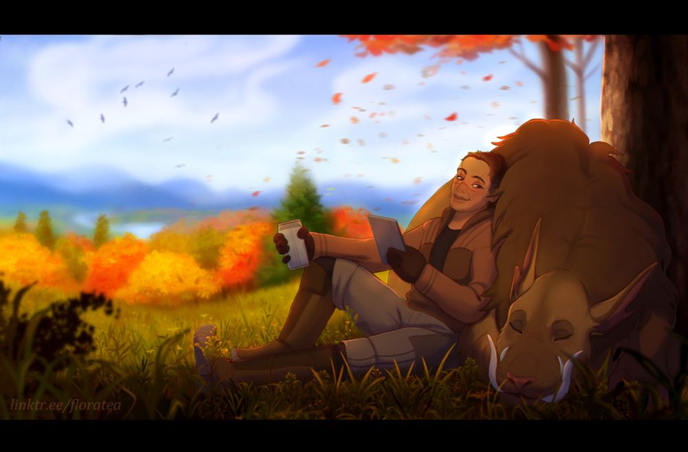 Art of a woman with short hair dressed in a hoodie sitting in the grass while leaning against her pet manka cat; a large feline beast with tusks. The background is a field with brightly colored orange and yellow trees in the background. The image has an overall cozy warm vibe of Autumn.