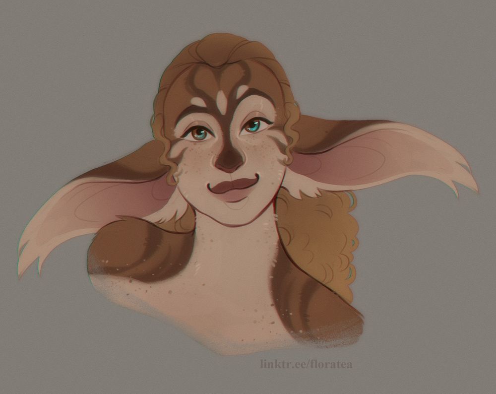 A portrait drawing of my star wars smuggler oc Iksavi. She is a Cathar / Lepi hybrid with very large tufted ears and brown fur with darker brown stripes. They have dark blonde afro-textured hair that's tied in a big low puff.