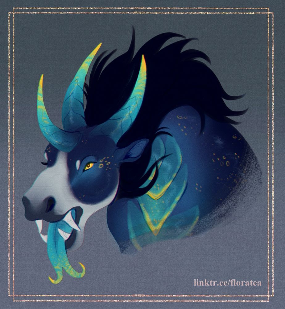 A portrait art of a unicorn kirin with three horns. Their pelt is a shimmering dark blue with gold speckles, and their muzzle is white. Their head is bent forward with an open maw revealing large sharp teeth and a large forked tongue.