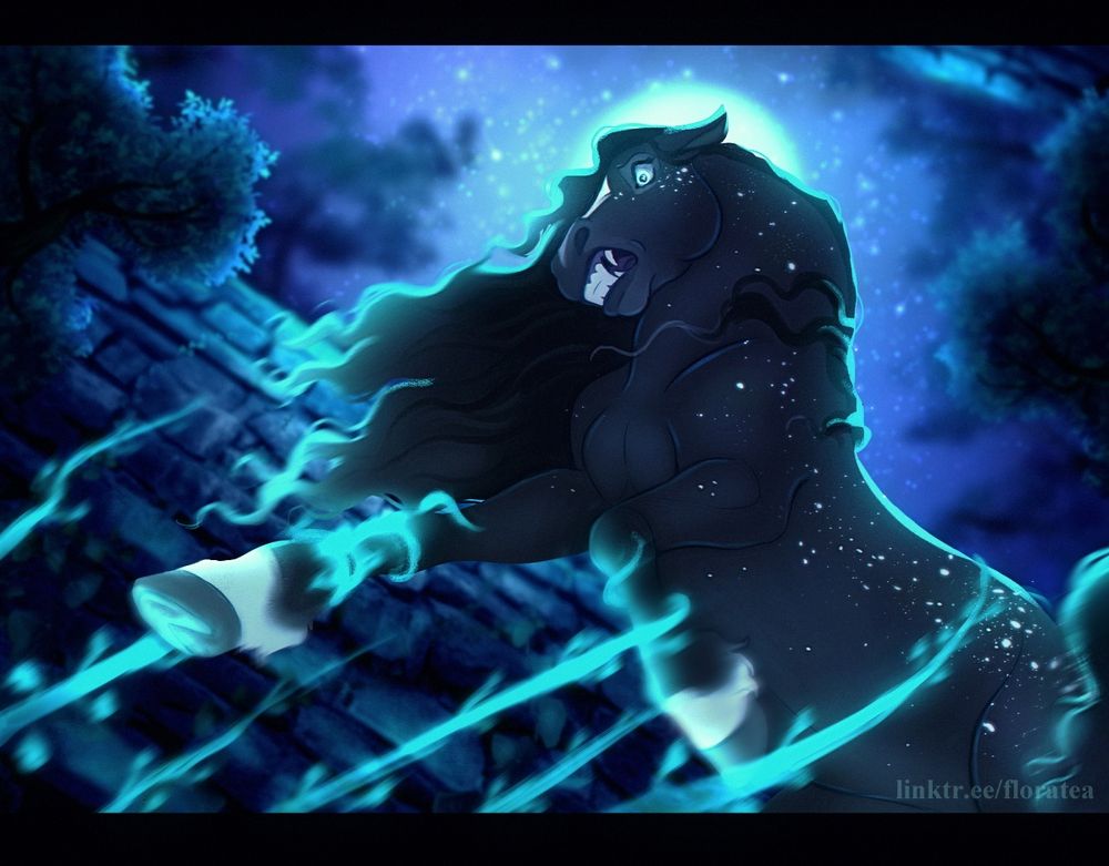 An art of a black horse with white speckles rearing up in a panic as glowing green tendrils rapidly reach up to grab them. The moon and stars shine above.