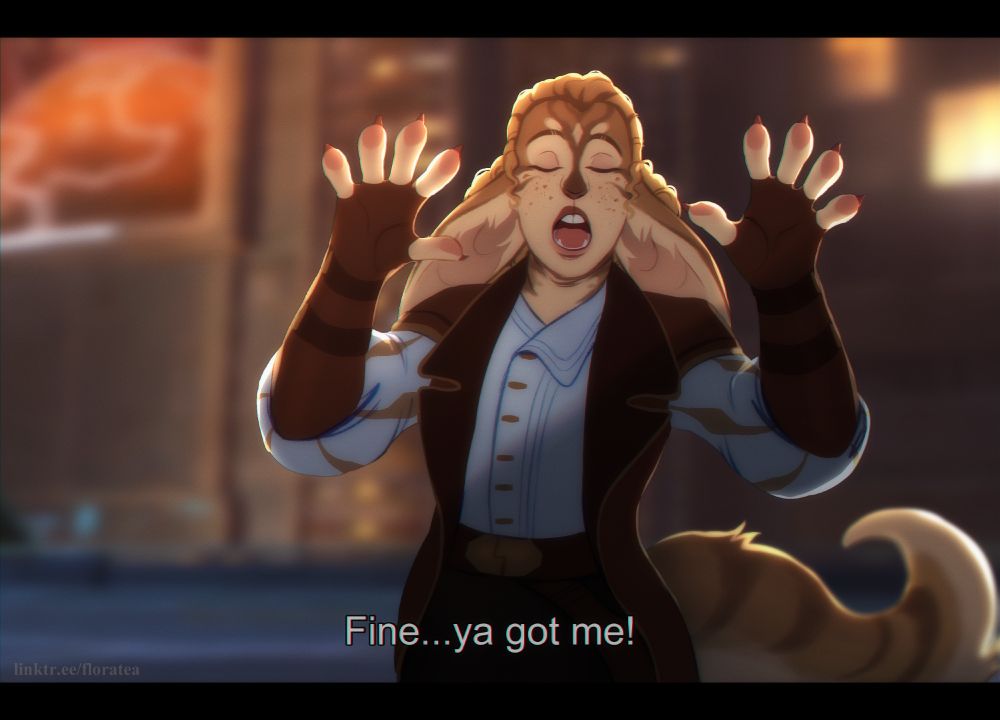 A halfbody drawing in the style of an animated screenshot of my swtor / star wars smuggler oc Iksavi in front of a blurry Coruscant city background. She has her eyes closed and paws raised in a gesture of feigned defeat as she says "Fine...ya got me!" as shown in subtitles on the bottom of the image.

Iksavi is a Cathar / Lepi hybrid alien with big fluffy ears and brown and off-white fur marked with speckles and stripes. She has long curly coily dark blonde hair tied into a ponytail. They're wearing a pale shirt with puffy sleeves and a brown jacket.
