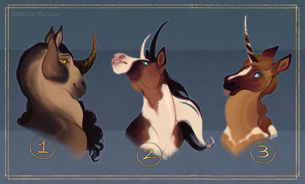 Art of three portraits of equine unicorns with various designs and expressions.