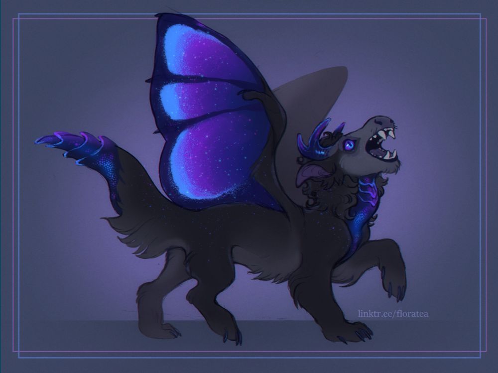 Concept art for a potential new mascot oc / sona redesign. Shown is a dark furry dragon creature in a sideview trotting pose with their wings raised and their jaws parted, showing large sharp teeth. They have big semi-floppy ears and a fluffy neck mane, along with iridescent purple and blue scales on their neck and tail. Their wings are a gradient of dark and bright purples with blue. Their fur and wings are sparkly.