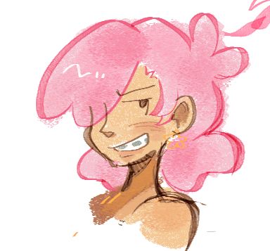 A girl with pink hair, smiling widely to show her braces.