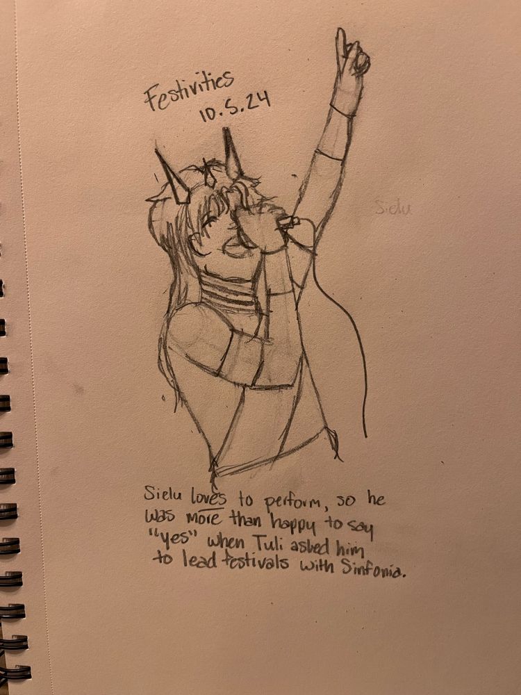 Done for the prompt "Festivities". Sketch of Sielu singing with a microphone, dressed in festival garb. The caption reads "Sielu loves to perform, so he was more than happy to say "yes" when Tuli asked him to lead festivals with Sinfonia.