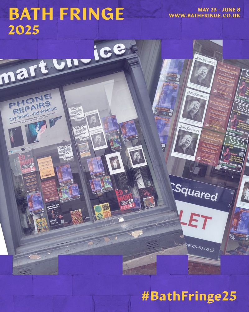 The Image shows two shop windows in Bath full of posters.