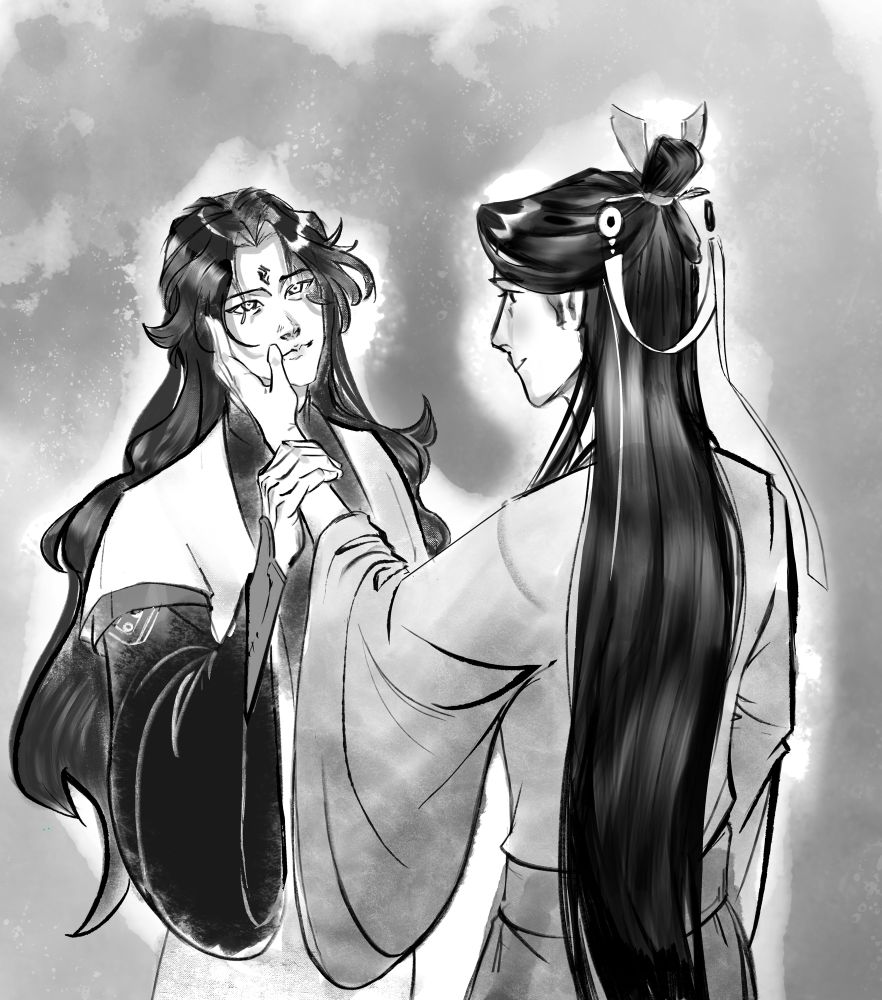 A drawing of Shen Qingqiu and Luo Binghe from scum villain. Shen Qingqiu cradles Luo Binghe’s face with one hand, and Binghe pins thst hand into place with his own