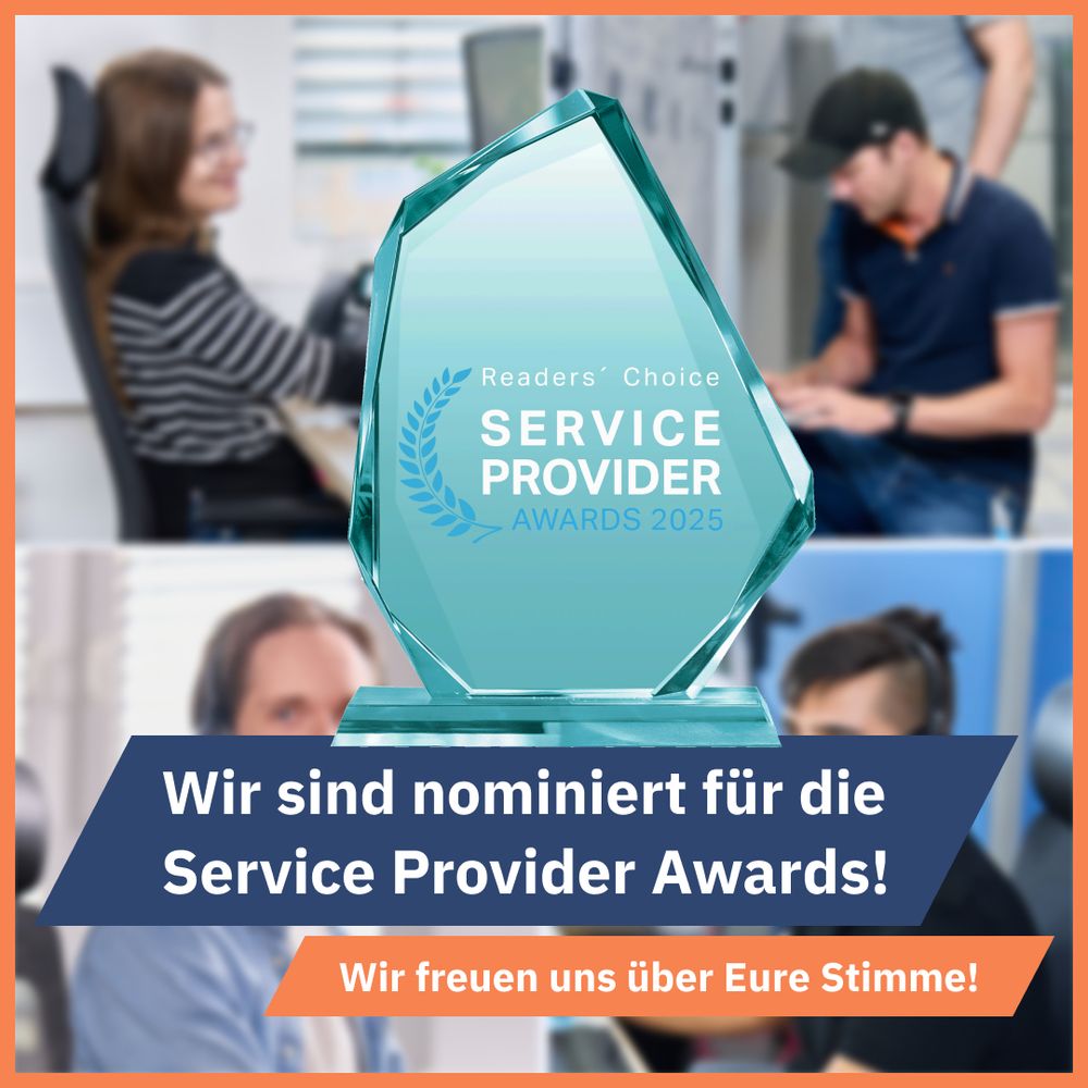 webgo ist für die Service Provider Awards 2025 nominiert! Glastrophäe im Fokus, mit Szenen aus Support, Rechenzentrum und IT im Hintergrund. Jetzt für webgo abstimmen!