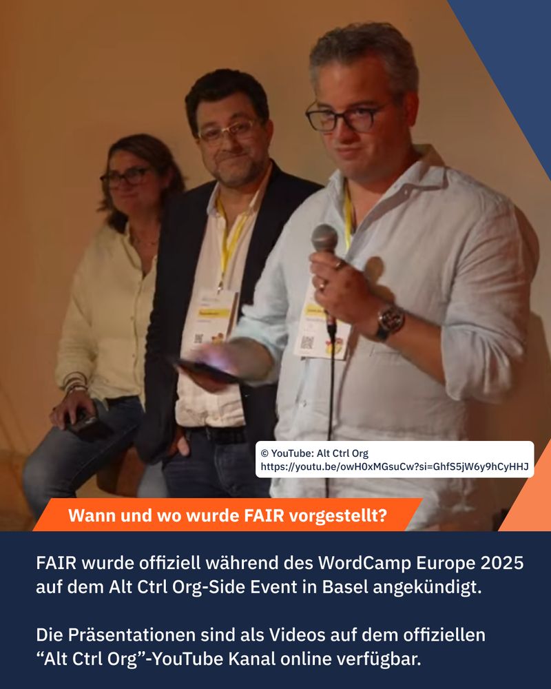Drei Personen bei einer Präsentation des FAIR Projects während des Alt Ctrl Org-Side Event in Basel, Jiist de Valk spricht ins Mikrofon, Text erklärt Vorstellung und Verfügbarkeit der Videos auf YouTube.