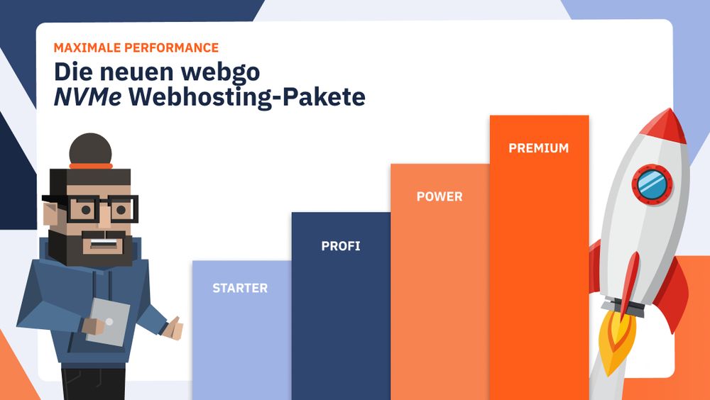 Grafik zeigt neue webgo NVMe Webhosting-Pakete mit Leistungsstufen Starter, Profi, Power und Premium als aufsteigende Balken neben einer Rakete