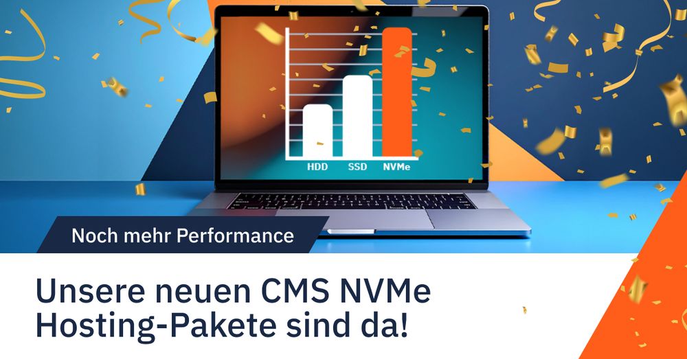 Laptop mit Server-Grafik und WordPress-Logo auf dem Bildschirm, symbolisiert modernen NVMe Webhosting-Vergleich zu SSD und HDD. Performantes NVMe Hosting jetzt auf webgo.de.