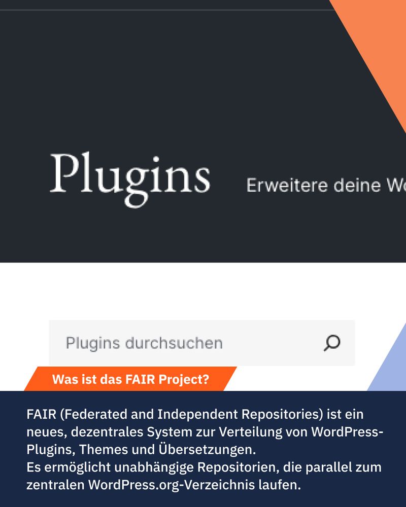 Slide erklärt das FAIR Project als dezentrales System zur Verteilung von WordPress-Plugins, Themes und Übersetzungen neben WordPress.org.