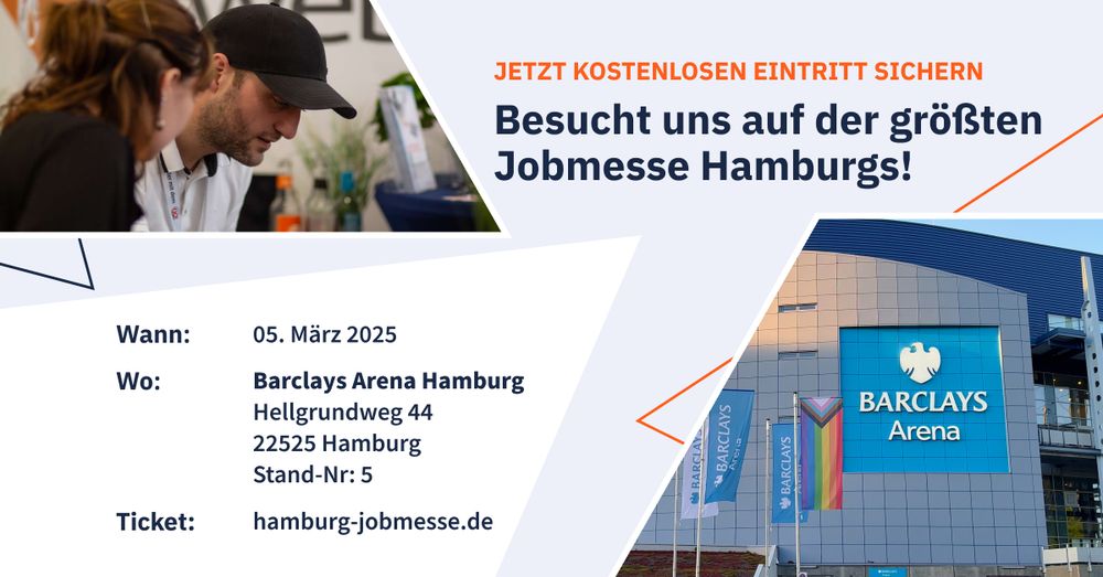 Ein Werbeplakat für die Jobmesse Hamburg 2025 mit Informationen zum Event. Das Plakat enthält Fotos eines webgo-Messestandes mit zwei Personen im Gespräch sowie der Barclays Arena als Veranstaltungsort. Im Design sind die webgo-Farben Orange und Blau mit geometrischen Elementen eingebunden. Der Text hebt hervor, dass webgo am 5. März 2025 auf der Jobmesse vertreten ist (Stand Nr. 5) und kostenlose Tickets unter hamburg-jobmesse.de erhältlich sind.
