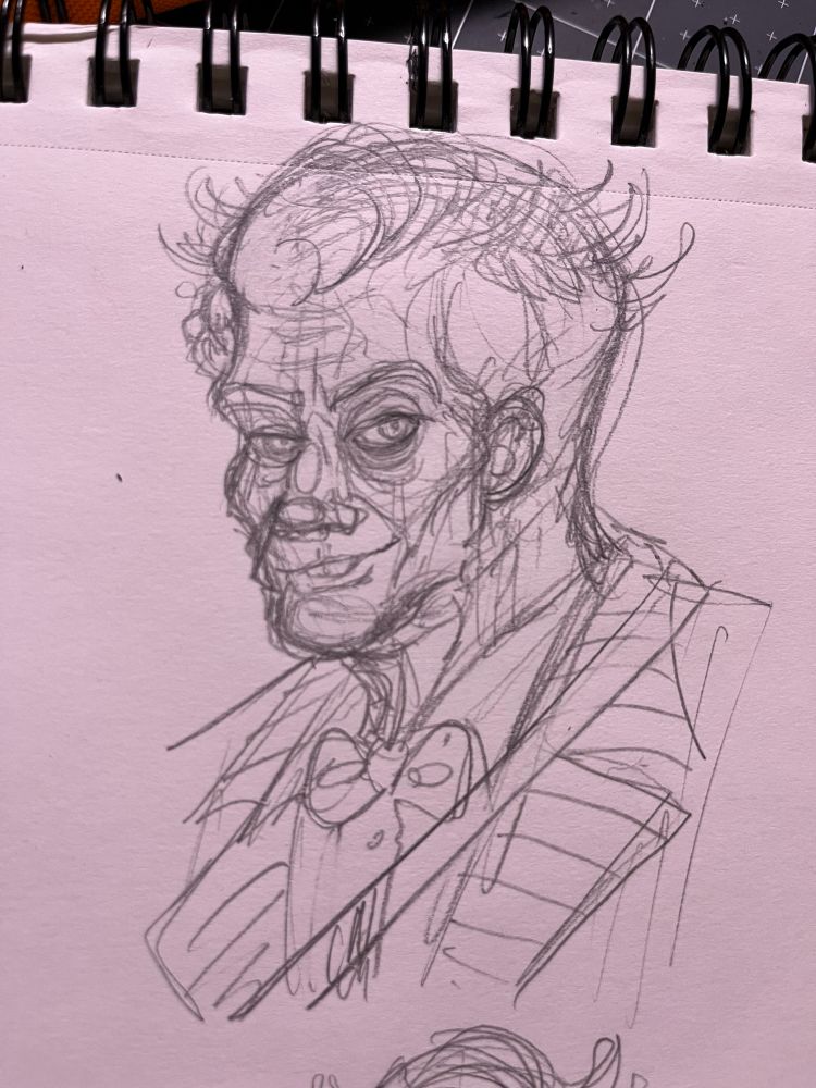 A 3/4 view sketch portrait of Franco ‘Il Bambino’ Barbi from the Outlast Trials. Franco is a white man with an abnormally large crown of his head, wispy hair, and a strange fleshy growth on the right side of his head, just out of view of the camera. He wears a pinstripe suit with a strap for his shotgun draped over one shoulder, while eyeing the viewer coolly.