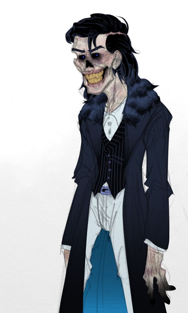 Gréagoir Loughnane stands in a white void. He is a pale undead whose lips have rotted away, exposing his yellowed teeth and gums. He has no nose or eyeballs, his eye sockets occupied by icy pinpricks of light. His fingers are blackened, the faint remains of bruising from being beaten to death visible on his skin. He has mid length, untrimmed black hair that had begun to recede in life that he later rerooted after death. He wear a dark blue fur lined trench-coat, a white dress shirt and white pants, and a dark, blue pinstriped vest.