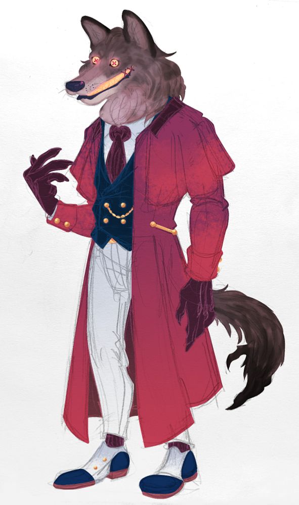 Khryscere stands in a white void, gesturing to himself. Khryscere is a god occupying a human vessel with taxidermied wolf parts sewn onto the body and animated by magic, to approximate his actual body. He has the head of a wolf with yellow button eyes and glowing yellow teeth sewn into a grin, clawed hands with dark red gloves, and a wolf's tail whose fur contorts into a hand at the end. He wears clothing resembling Loyalist British soldiers in palette, consisting of a red riding jacket, a dark blue vest, dark red tie, white shirt, white pants, and dark blue, spotted shoes.