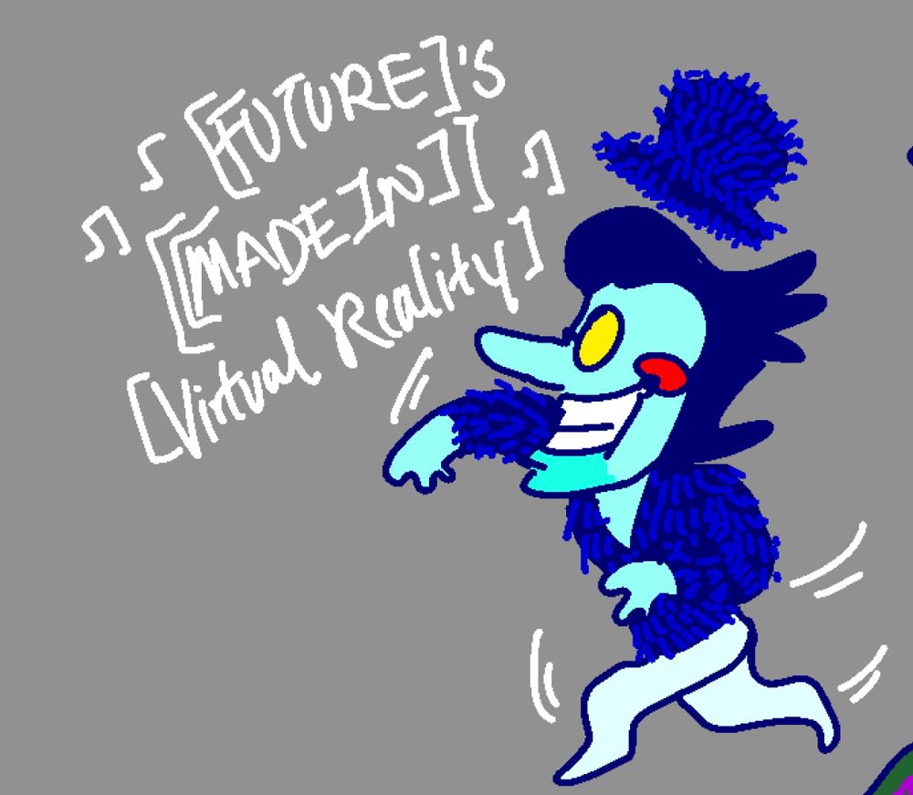 Mal wears a furry coat and has a furry hat levitating above his head as he mimics Jamiroquai’s dance moves from the Virtual Insanity music video.

He sings “[FUTURE]’s [[MADE IN]] [Virtual Reality]”