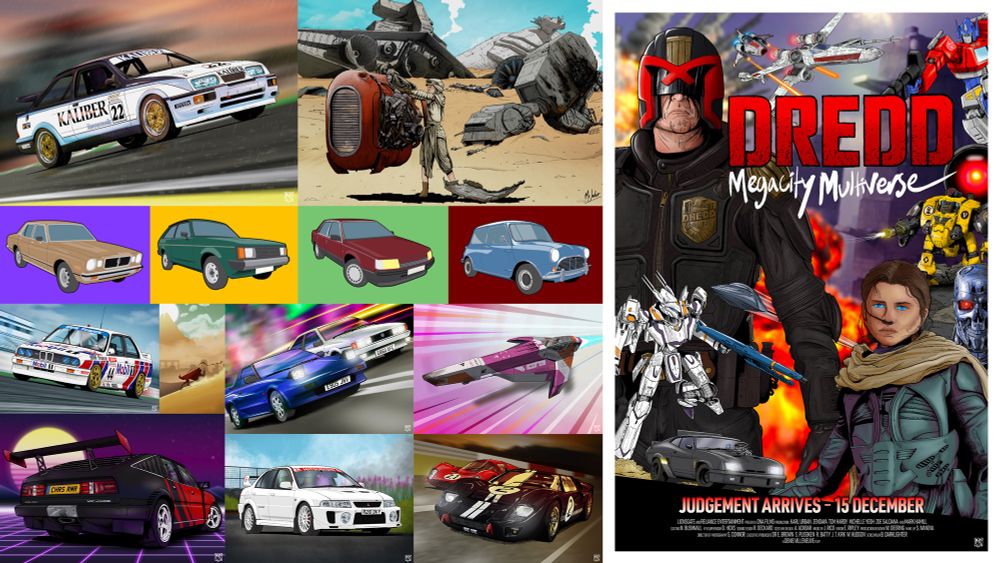 A collection of hand drawn and digitally drawn art pieces, including race cars, a Wipeout ship, a Star Wars scene and a fake movie poster for an imagined Judge Dredd “megacity multiverse” film.  