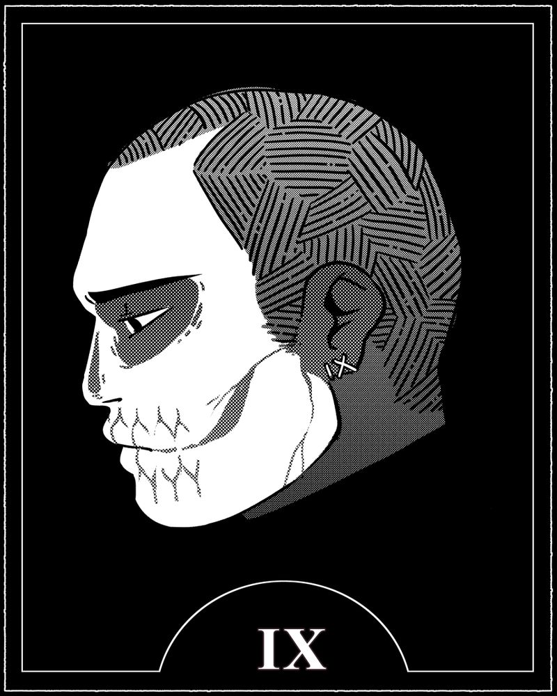A digital portrait of Ortus from The Locked Tomb series done in black and white with manga tones. He is facing left. He has a thick build, but a very sad face, which droops a bit. His head is shaped, and he wears the traditional skullpaint of his house and the roman numeral IX earring. His dark eyes are downcast.