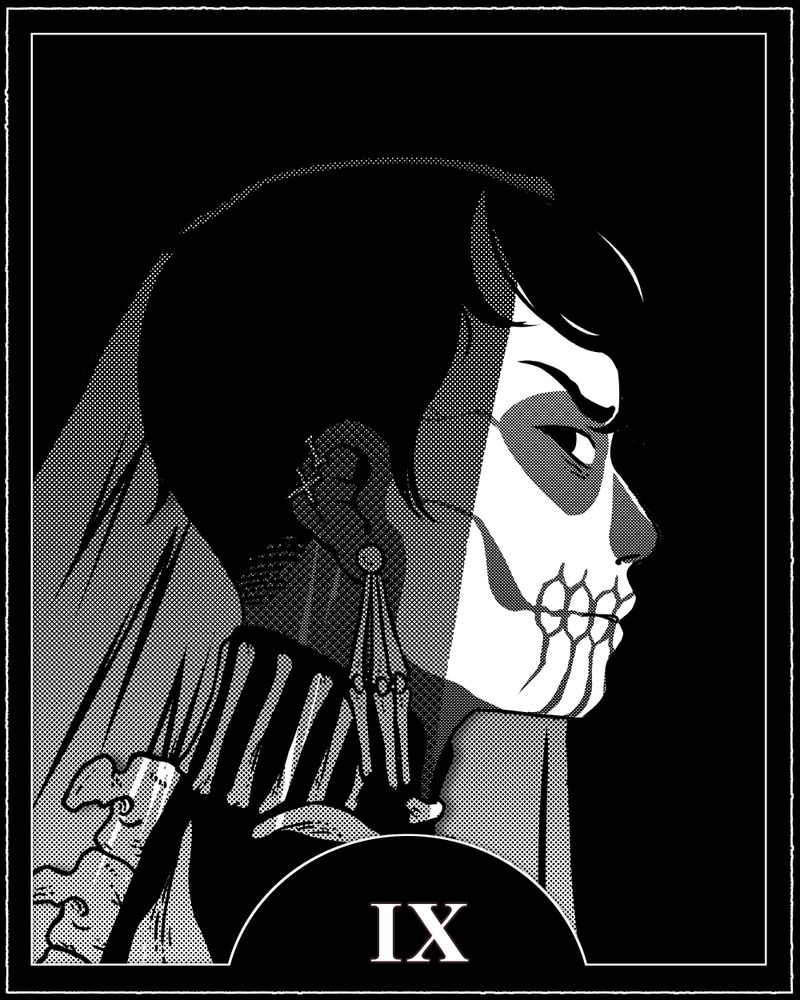 A digital portrait of Harrow from The Locked Tomb series done in black and white with manga tones. She is facing right. Her hair is short, but elegant, with the front bangs grown out a bit to cover her forehead. She wears a high collar robe which is held up with bones, and decorated with a vertebral column. Her earrings are finger bones hanging from the lobe, though she also has the IX roman numeral earrings on. Her skull face paint is immaculate, and only partially obscured by the translucent dark shawl she has hanging from the crown of her dark head. Her black eyes are peering back over her shoulder, as though looking at something behind her...