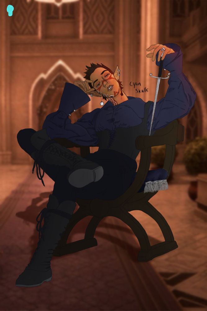 an elven man lounging in a chair and resting his hand on a knife. he seems bored and regards the viewer with some disdain