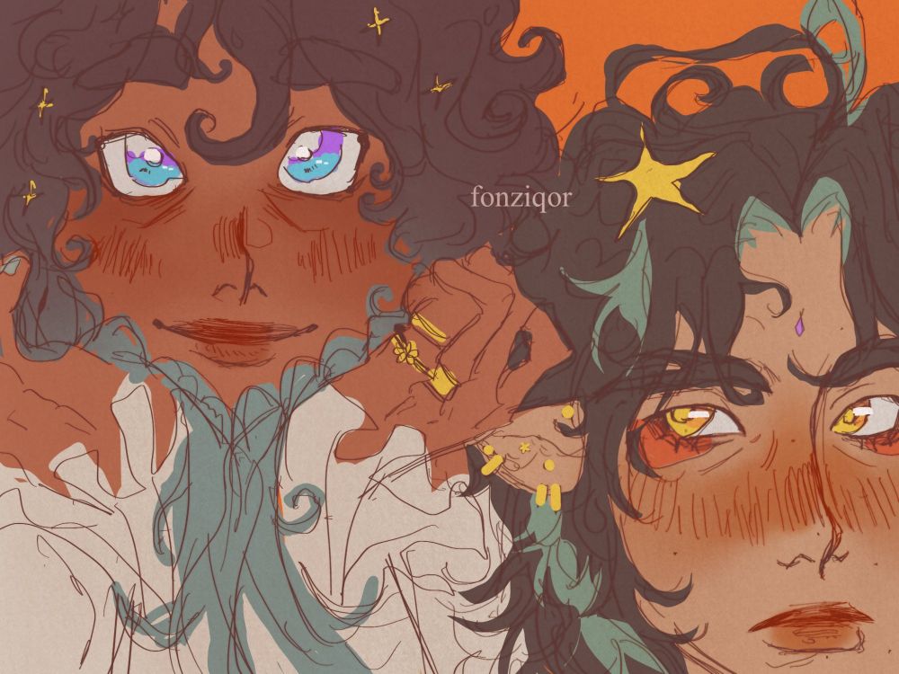 fanart of venti and xiao from genshin impact. venti is drawn with curly hair, brown skin, and eyebags, with his smiling face placed on his palms, one of which has a bunch of rings. xiao looks at him, close beside. he is drawn with multiple moles on his face, red in the face, and gold earrings on his pointy ear. they both have stars in their hair.