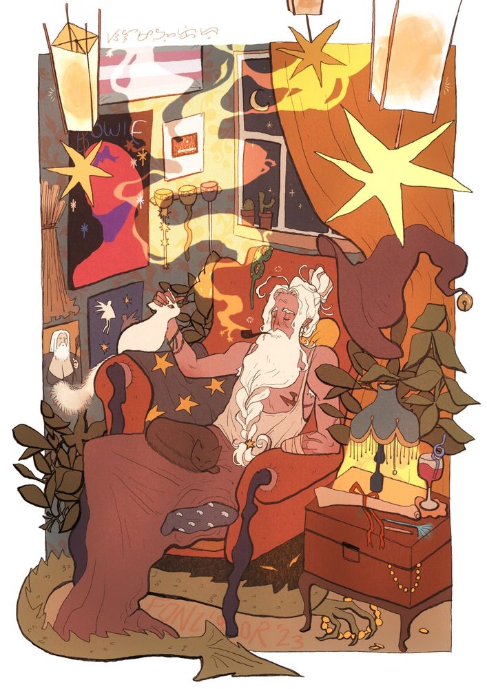 cw amputated arm, cw scars, cw post-op chest

illustration of an old wizard chilling on a couch smoking his pipe. his room is very maximalist. posters, wands, and plants line his walls and windows. the posters include a trans flag, a bowie poster, a mitski poster, a good omens poster, and a gandalf big naturals poster. a star blanket, an eye mask, and a big witch hat is strewn over his orange couch. the wizard has white wavy hair tied into a messy bun, with his equally as white beard tied in a braid, held together by a star tie. he is missing half of his left arm, and faded scars are seen below bandages. his other hand is petting a white cat who sits on the arm of his couch. a black cat sleeps on his lap. he is wearing a tank top which is oversized enough to reveal top surgery scars. he wears a brown skirt, with one leg crossed over the other, visible foot wearing a moomin-patterned sock. beside his couch is a treasure chest which is being used as a side table, with a lamp, a rolled up letter, some pens, and a wine glass with a silly straw placed on top of it. a serpentine green tail wraps around the wizard's legs from below the couch. a pair of yellow eyes peek from the darkness. its clawed hand grabs some fallen gold on the floor. above the wizard, there are floating lanterns that have glowing stars attached to them. on the outer corners of the top border, there is baybayin writing which translates to "salamangkero" which is the tagalog word for "magician"