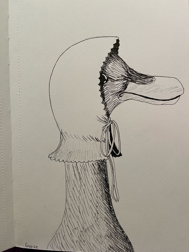 A goose wearing a bonnet done in ink. 