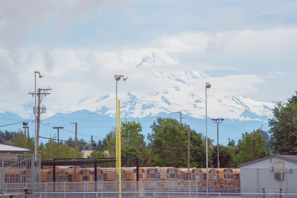 a closer view of mt rainier, this time partly obscured by clouds