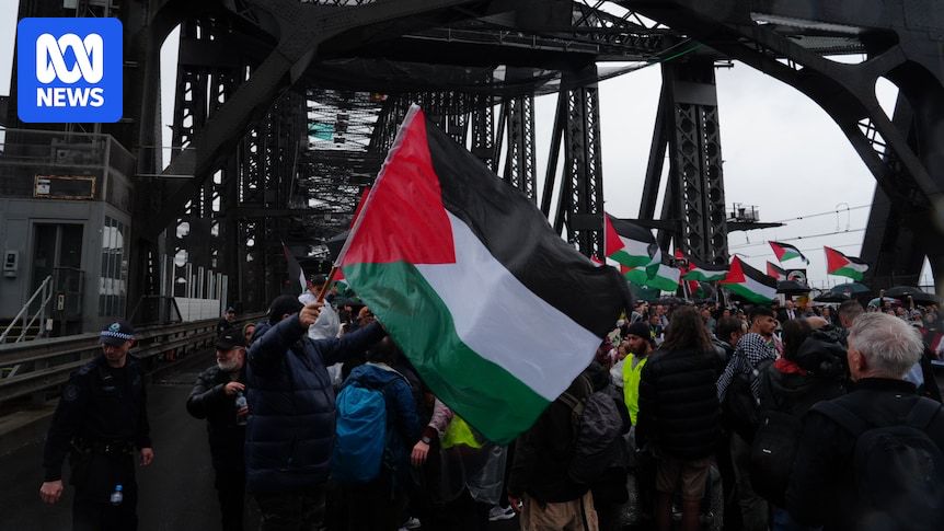 Tens of thousands take to the Sydney Harbour Bridge to highlight the humanitarian situation in Gaza and push for action by the Australian government, as thousands more rally in central Melbourne.