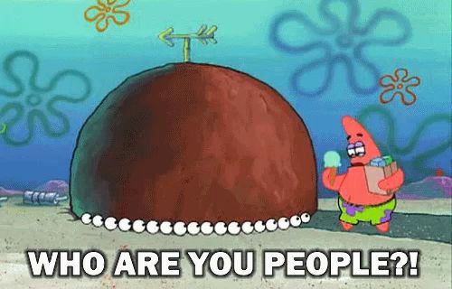 patrick star from spongebob squarepants is standing in front of a large coconut with the words who are you people written below him