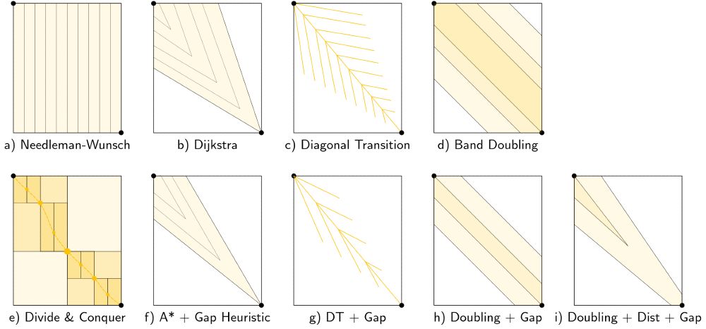 Schematic figures showing global pairwise alignment algorithms