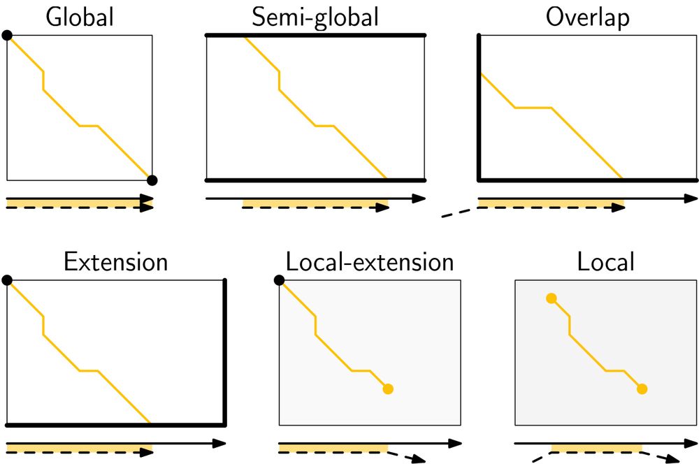 Schemetic figures showing various modes, such as semi-global, local, and extension alignment