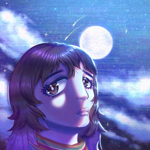 This is An artwork of Anya from mouthwashing looking towards us with a bit of a sad look. she has shoulder length messy hair and droopy eyes. she has a colourful turtleneck. the background is a bit of a glitchy screen that displays a nighttime landscape with a moon, clouds and stars.