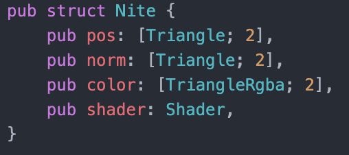 pub struct Nite {
    pub pos: [Triangle; 2],
    pub norm: [Triangle; 2],
    pub color: [TriangleRgba; 2],
    pub shader: Shader,
}