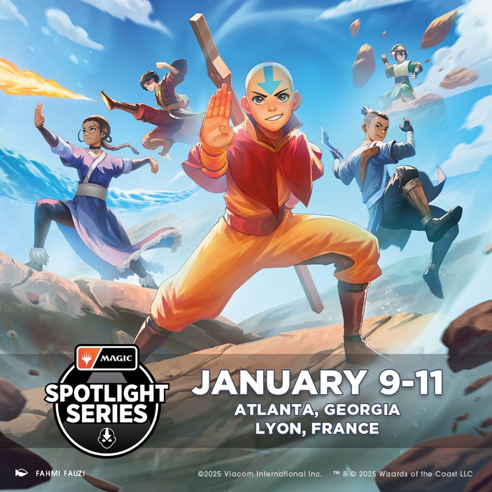 Five teens pose in various combat positions, four using element based abilities, from left to right, of fire, water, air and earth, with the fifth wielding a boomerang. Across the image reads: "Magic Spotlight series. January 9-11. Atlanta, Georgia. Lyon, France."