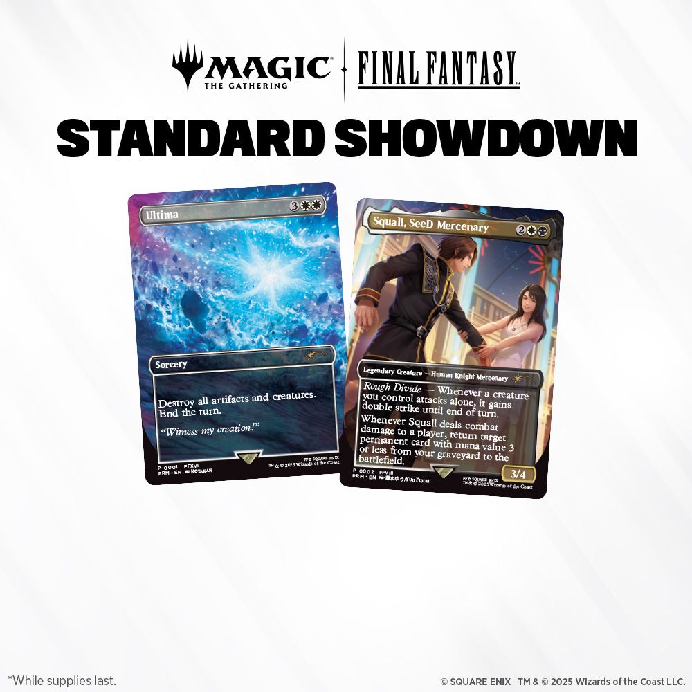 This image shows two MTGxFinal Fantasy promo cards, Squall, SeeD Mercenary & Ultima, on a clear background with the following words beside them. "Magic: The Gathering | Final Fantasy. Standard Showdown"