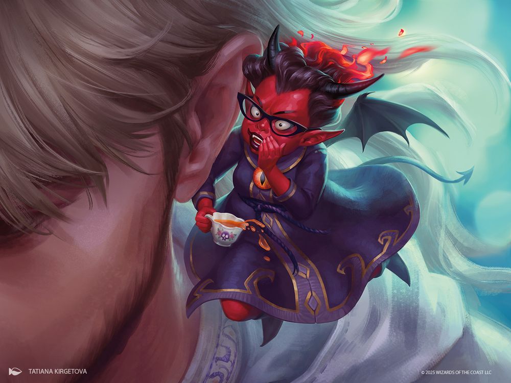 Auntie Blyte, a small, horned devil wearing horn-rimmed glasses with fire flicking from her hair, floats over a person's shoulder. In one hand she holds a cup of tea as she whispers into the human's ear. Art by: Tatiana Kirgetova