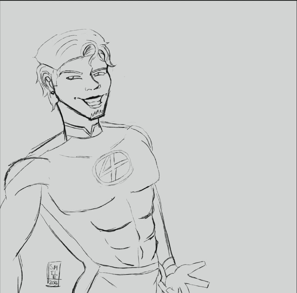 Colourless sketch of Johnny storm 
The line art is black.
He is smiling as his right hand is raised and he is facing the camera.