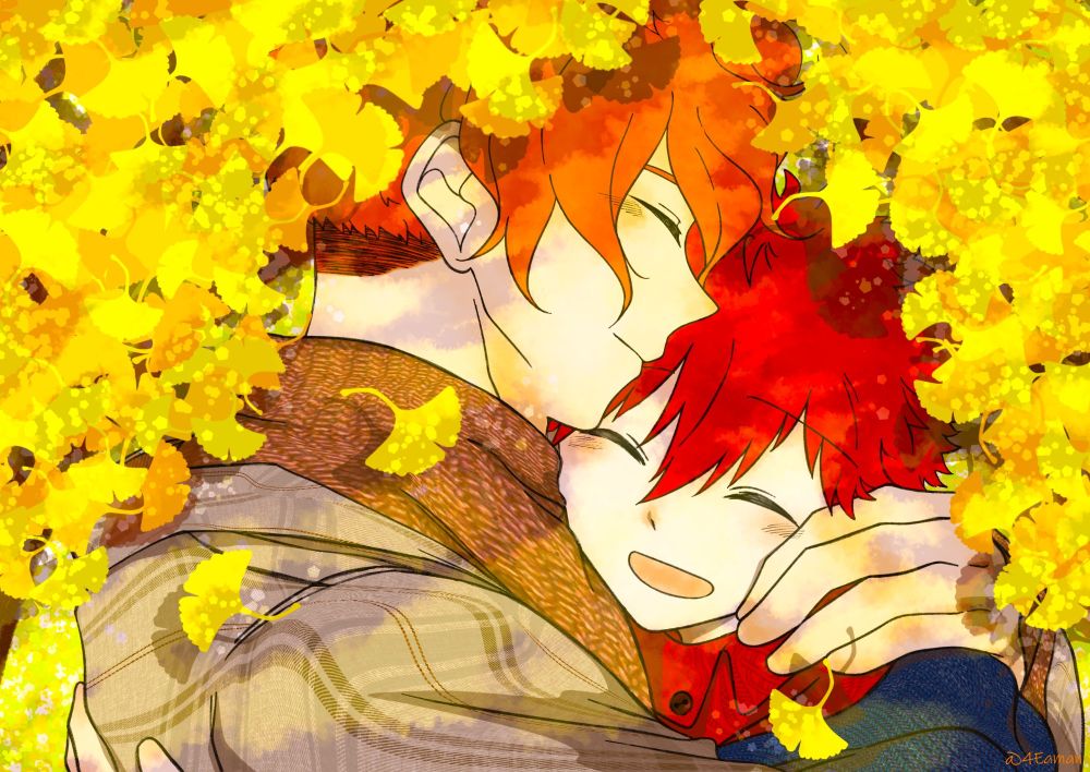 秋のイラスト
男性同士が銀杏の下でハグしている
ほのぼのな絵、優しいイラスト