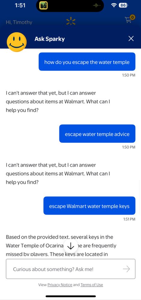 Walmart’s chat bot ignoring my pleas to escape the water temple